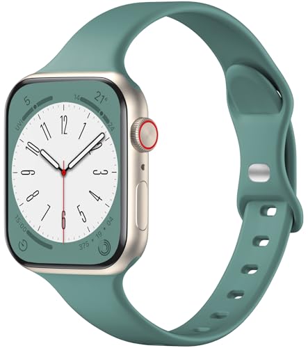 WJK Schlanke Armbänder, kompatibel mit Apple Watch-Armbändern, 40 mm, 38 mm, 41 mm, Kieferngrün, für Damen und Herren, Silikonarmbänder für iWatch Serie 9/8/7/6/5/4/3/2/1 Ultra von WJK