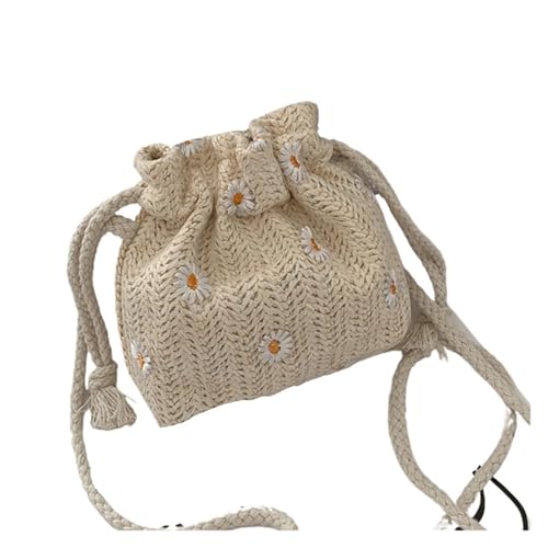 WJLYDM Damen Sommer Strand Schultertaschen Stroh Weben Eimer Handtaschen Weibliche Totes Casual Retro Mini Umhängetaschen(WHITE) von WJLYDM