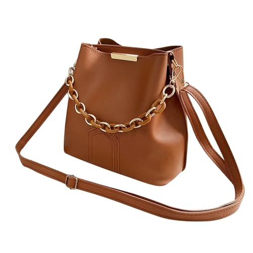 WJLYDM Retro Elegante Weibliche Kette Tote Eimer Tasche Frauen Kette Leder Tragbare Handtasche Reise Einfache Schulter Messenger Tasche(Brown) von WJLYDM