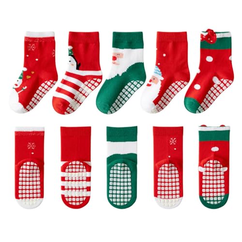 WJOWWL 5 Paar Babysocken Weihnachtssocken, Christmas Socks, Antirutschsocken Kinder Wintersocken Kinder Stoppersocken Baby Krabbelsocken Baby ABS Socken Kinder Warme Weihnachtssocken (A) von WJOWWL