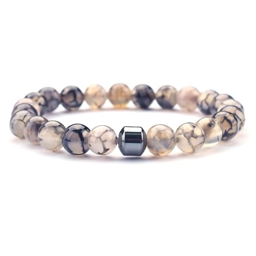 Naturstein Armband Damen, Armbänder Aus Natürlichem Edelstein Und Longwen-Achat-Kristall, Modisches Kleines Hämatit-Meditationsarmband Mit Zylinder, Stretch-Armband Mit Glücksbringer, Schmuck F von WJREGG