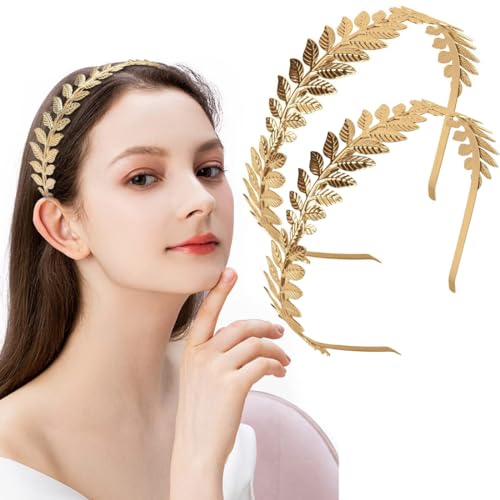 2 Stück Römische Göttin Haarreifen in Gold - Damen Haarband für Braut, Mädchen & Boho Hochzeit - Lorbeerkranz Haarschmuck mit goldenen Blättern als Krone Accessoire. von WJRQD