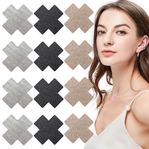 6 Paare Glitzer Nippelabdeckung Kreuzform, Cross Form Glitter Pasties, Einweg Brustwarzenabdeckungen, Selbstklebende Unsichtbare Brustwarzen Abdeckungen Aufkleber von WJRQD
