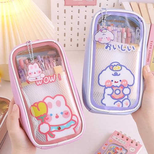 WJUHYGTF Kawaii Federmäppchen, 2-Stück Ästhetisch Für Mädchen Tragbar Niedlicher Bär Kaninchen Transparentes Fassungsvermögen Schulbedarf Teenager,B von WJUHYGTF