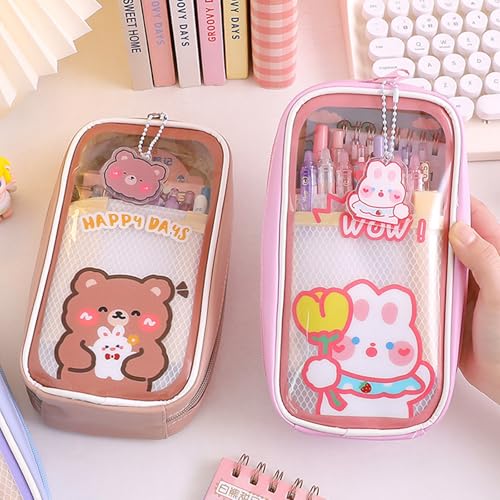 WJUHYGTF Kawaii Federmäppchen, 2-Stück Ästhetisch Für Mädchen Tragbar Niedlicher Bär Kaninchen Transparentes Fassungsvermögen Schulbedarf Teenager,C von WJUHYGTF
