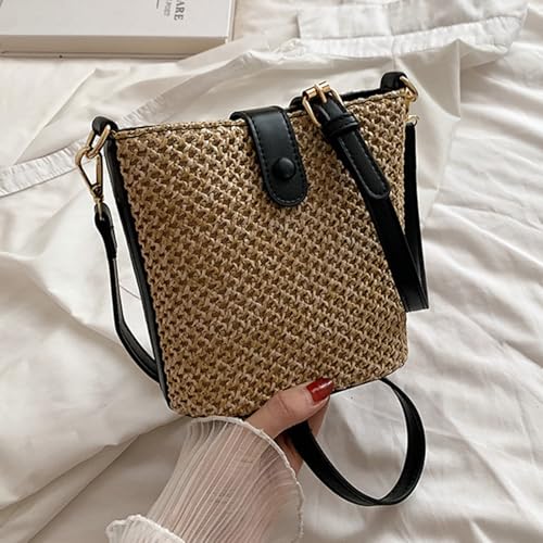 WJUHYGTF Stroh Strandtasche, PU Strohtasche Strohsack Kleine Damen-Schultertasche Aus Stroh, Handgewebte Umhängetaschen Mit Riemen Korbtaschen Geflochten Handtasche,D von WJUHYGTF