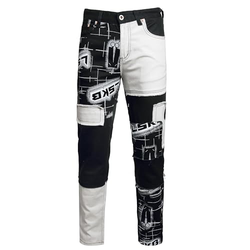 WJWLSKB Slim Fit Herren Jeans Zerrissen Stretch Jeans Denim Pants, 9241 Schwarz Weiß, 54 von WJWLSKB