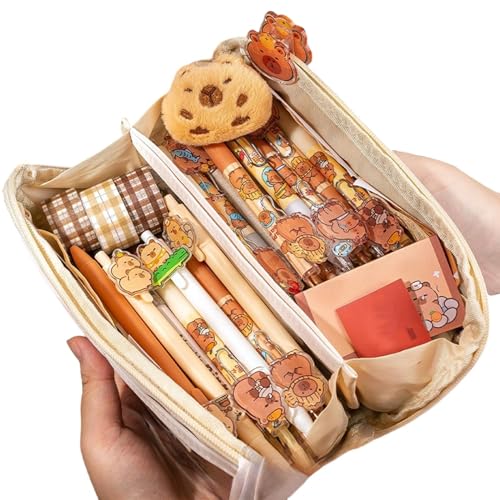WJnflQN Capybara Federmäppchen – Cartoon-Schreibwaren-Halter, ästhetischer Stifthalter, Federmäppchen, niedliches mehrlagiges Federmäppchen mit Anhänger und Clips für Schreibwaren, Deluxe-Anzug, Refer von WJnflQN