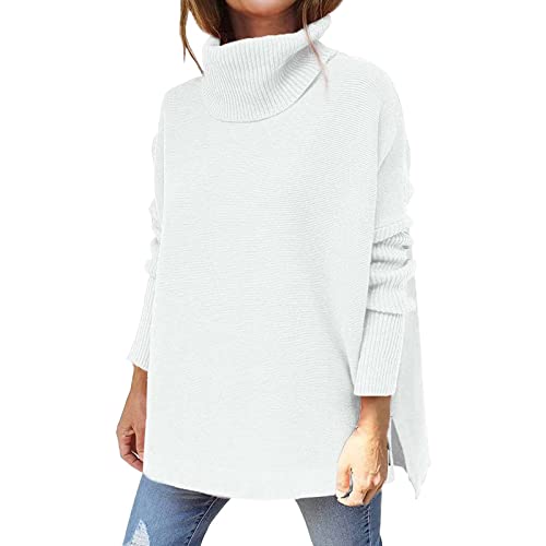 WKAYsIV pulloverkleid Damen Pullover Rolli Damen Fledermausärmel Lose übergroße Pullover Grob gestrickte Pullover Pullover für Frauen Damen Strickpullover Mit(Weiß,M) von WKAYsIV