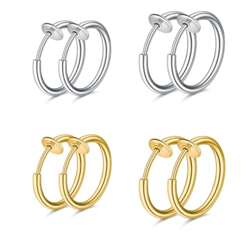 WKRTDY 4 Paar Edelstahl-Ohrclips für Männer & Frauen, gefälschte Ohrringe, kein Piercing notwendig, Ohrringe in Hoop-Ring- & Ear-Cuff-Design, perfekt für Männer & Mädchen, Gold und Silber von WKRTDY