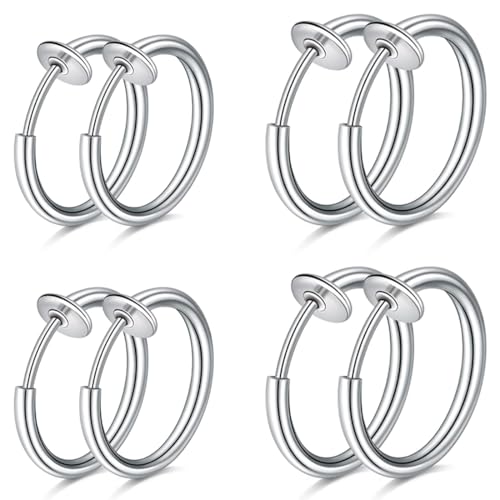 WKRTDY 4 Paar Edelstahl-Ohrclips für Männer & Frauen, gefälschte Ohrringe, kein Piercing notwendig, Ohrringe in Hoop-Ring- & Ear-Cuff-Design, perfekt für Männer & Mädchen, Silber von WKRTDY