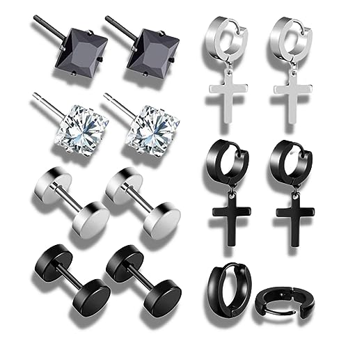 WKRTDY 7 Paare Herren Edelstahl Ohrringe Set - Ohrstecker & Creolen in Schwarz mit Kreuz-Anhänger - Piercing für Männer & Mädchen von WKRTDY