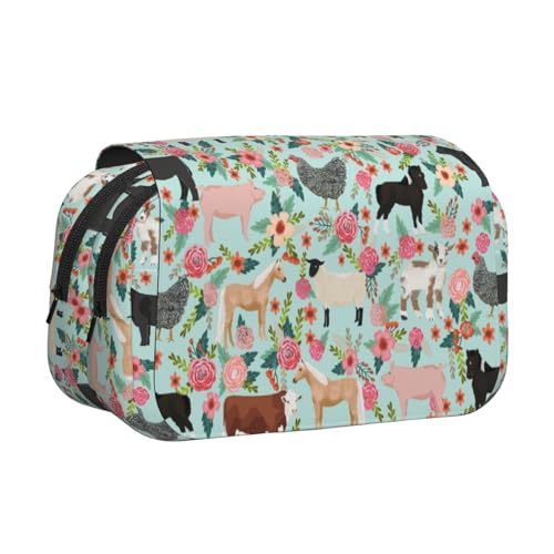 Federmäppchen mit großem Fassungsvermögen für Mädchen und Jungen, doppellagiges Federmäppchen mit Klappdeckel, Bauernhoftier-Stifttasche, Organizer, tragbare Bürobedarfs-Make-up-Tasche von WKSGDSG