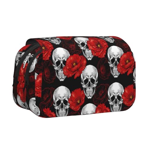 Federmäppchen mit großem Fassungsvermögen für Mädchen und Jungen, doppellagiges Federmäppchen mit Klappdeckel, Halloween-Totenkopf-Stifttasche, Organizer, tragbare Bürobedarfs-Make-up-Tasche von WKSGDSG