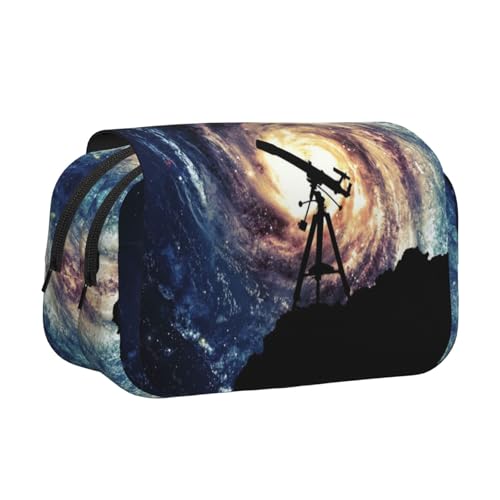 Federmäppchen mit großem Fassungsvermögen für Mädchen und Jungen, doppellagiges Federmäppchen mit Klappdeckel, Weltraum-Galaxie-Teleskop-Stifttasche, Organizer, tragbare Bürobedarfs-Make-up-Tasche von WKSGDSG