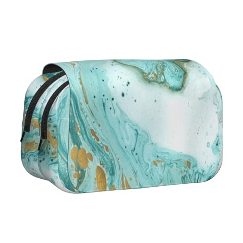 Federmäppchen mit großem Fassungsvermögen für Mädchen und Jungen, doppellagiges Federmäppchen mit Klappdeckel, blaugrün-goldener Marmor, Stiftetasche, Organizer, tragbare Bürobedarfs-Make-up-Tasche von WKSGDSG