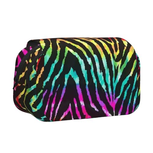 Federmäppchen mit großem Fassungsvermögen für Mädchen und Jungen, doppellagiges Federmäppchen mit Klappdeckel, buntes Regenbogen-Zebra-Stifttasche, Organizer, tragbare Bürobedarfs-Make-up-Tasche von WKSGDSG