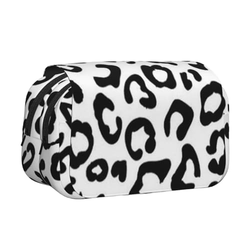 Federmäppchen mit großem Fassungsvermögen für Mädchen und Jungen, doppellagiges Federmäppchen mit Klappdeckel, schwarz-weißes Leopardenmuster, Stiftetasche, Organizer, tragbar, Büro, Schreibwaren von WKSGDSG