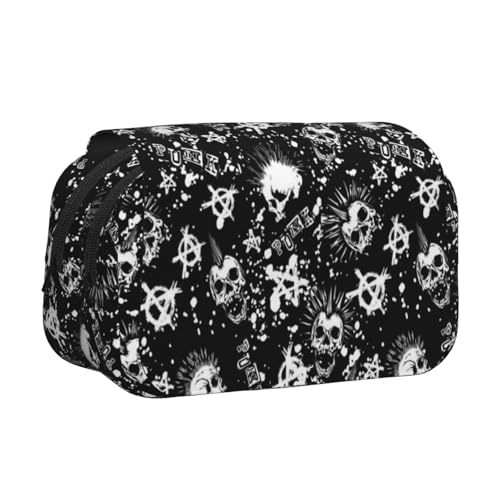 Federmäppchen mit großem Fassungsvermögen für Mädchen und Jungen, doppellagiges Federmäppchen mit Klappdeckel, weißer Punk-Totenkopf-Stifttasche, Organizer, tragbare Bürobedarfs-Make-up-Tasche von WKSGDSG