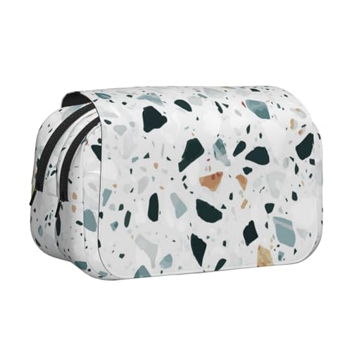 Federmäppchen mit großem Fassungsvermögen für Mädchen und Jungen, doppellagiges Federmäppchen mit Klappdeckel, weißes Terrazzo-Stifttasche, Organizer, tragbare Bürobedarfs-Make-up-Tasche von WKSGDSG