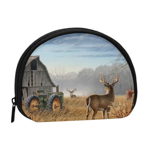 WKSGDSG Kleine Geldbörse mit Reißverschluss, Bauernhof mit Hirsch, Mini-Geldbörse, Münztasche, tragbare Kleingeldbörse für Frauen und Mädchen, modische Damen-Canvas-Münztasche mit Schlüsselanhänger von WKSGDSG