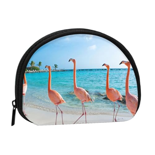 WKSGDSG Kleine Geldbörse mit Reißverschluss, Flamingo-Strand-Mini-Geldbörse, Münztasche, tragbare Kleingeldbörse für Frauen und Mädchen, modische Damen-Canvas-Münztasche mit Schlüsselanhänger von WKSGDSG