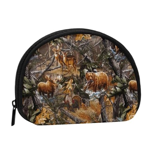 WKSGDSG Kleine Geldbörse mit Reißverschluss, Jagd, Hirsch, Bär, Elch, Mini-Geldbörse, Münztasche, tragbare Kleingeldbörse für Frauen und Mädchen, modische Damen-Canvas-Münztasche mit Schlüsselanhänger von WKSGDSG