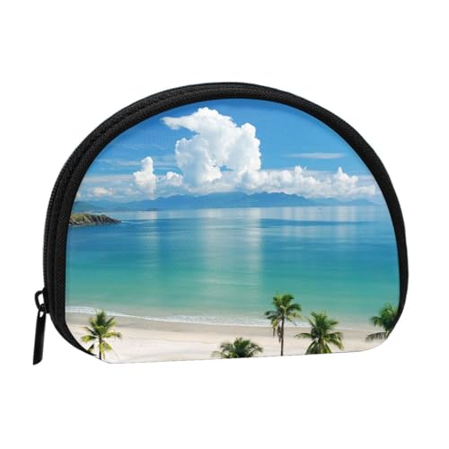 WKSGDSG Kleine Geldbörse mit Reißverschluss, Strand und Palme, Mini-Geldbörse, Münztasche, tragbare Kleingeldbörse für Frauen und Mädchen, modische Damen-Canvas-Münztasche mit Schlüsselanhänger von WKSGDSG