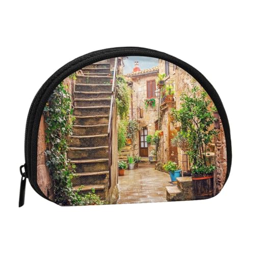 WKSGDSG Kleine Geldbörse mit Reißverschluss, italienische Straße, Mini-Geldbörse, Münztasche, tragbare Kleingeldbörse für Frauen und Mädchen, modische Damen-Canvas-Münztasche mit Schlüsselanhänger von WKSGDSG