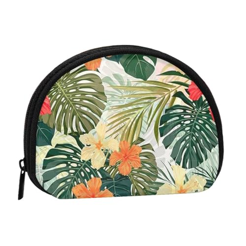 WKSGDSG Kleine Münzbörse mit Reißverschluss, Blätter, Hibiskusblüten, Mini-Geldbörse, Münztasche, tragbare Kleingeldbörse für Frauen und Mädchen, modische Damen-Canvas-Münztasche mit Schlüsselanhänger von WKSGDSG