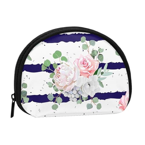 WKSGDSG Kleine Münzbörse mit Reißverschluss, marineblau gestreifte Blumensträuße Mini-Geldbörse, Münztasche, tragbare Kleingeldbörse für Frauen und Mädchen, modische Damen-Canvas-Münztasche mit von WKSGDSG