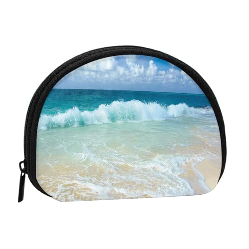 WKSGDSG Kleine Münzbörse mit Reißverschluss, ruhige Küsten-Münztasche, tragbare Kleingeldbörse für Frauen und Mädchen, modische Damen-Canvas-Münztasche mit Schlüsselanhänger von WKSGDSG