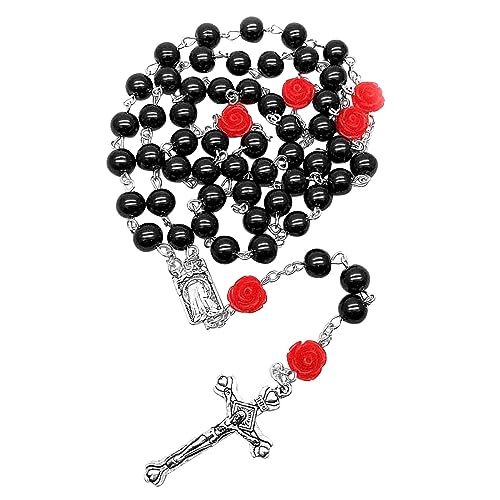 WKabnkn Einzigartige Kreuzgebet Perlen Halskette Glas Perle Blumen Schlüsselbein Kette Katholischer Schmuck Religiöser Rosen Rosenblumenglas Rosenkranz von WKabnkn