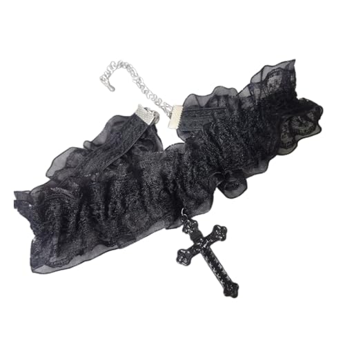 WKabnkn Einzigartige Spitzen Halskette Vintage Punkstil Schwarz/Weiß Kruzifix Anhänger Heckschains Verstellbare Stretch Trottel Krolarbone Ketten Verstellbarer Kettenschluckschlucke von WKabnkn