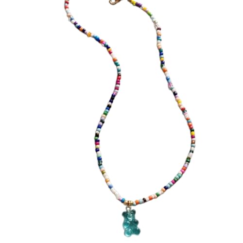 WKabnkn Stilvoller Farbenfroher Bären Anhänger Halskette Trendy Acrylbär Choker Halskette Mit Perlen Für Einen Einzigartigen Modischen Statement Bunten Anhänger von WKabnkn
