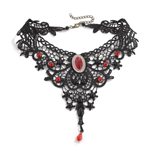 WKabnkn Vintage Gothic Spitze Und Perlen Halskette Blut Drop Anhänger Choker Halloween Nackenkette Für Frauen Mode Schmuck Einzigartige Modeschmuck von WKabnkn