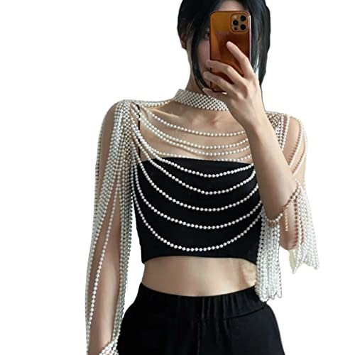 WKabnkn Women Pearl Schalketten Körperkette Perlen Pullover Kette Hochzeitskleid Körper Schmuck Halsband BH Top Perle Für Frauen Top von WKabnkn
