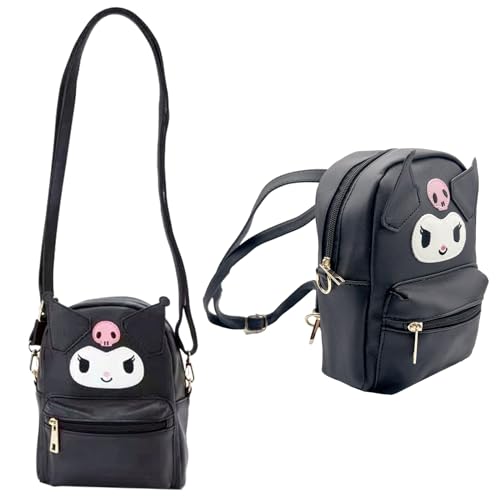 Kuromi PU Leder Rucksack Kawaii Umhängetasche Kuromi Tasche Sanrio Bag for Girls With Cute pin Klein Cute Kuromi Bag Hello Kitty Kuromi black Cosplay Mini Rucksack von WKxinxuan