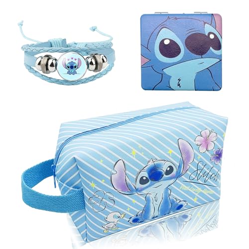 Stitch Travel Cosmetic Bag Cartoon Cosmetic Bag with Spiegel and Stitch Armband Stitch Kosmetiktasche Gift for Girls Stitch Federmappe Blue Cartoon PU Reise Kulturbeutel von WKxinxuan