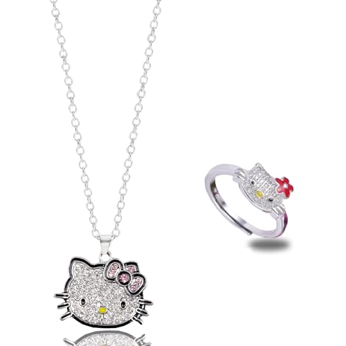 WKxinxuan Mädchen Kette Mädchen Ring, 2pcs Mädchen Katze Schmuck Set Exquisites Silber Mädchen Halskette Damen Kawaii Schmuck Mädchen, für Kinder Mädchen Necklace Geschenk Mädchen von WKxinxuan