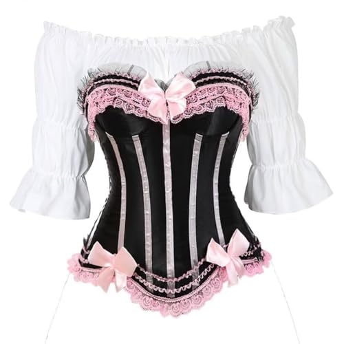 WLFFW Corsage Bustier Damen Streifen Korsett mit Mittelalter Bluse (EUR(30-32) XS, Rosa) von WLFFW