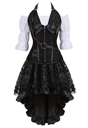 WLFFW Corsage mit Rock und Bluse Steampunk Korsett Leder Strapse Kostüm (EUR(30-32) XS, Schwarz) von WLFFW