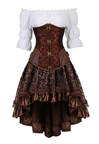 WLFFW Corsage mit Rock und Bluse Steampunk Unterbrust Korsett Kostüm (EUR(32-34) S, Braun) von WLFFW