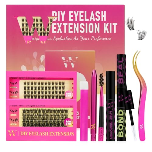 WLFRHD DIY Wimpernverlängerung Kit, 144 Pcs Wimpern Cluster mit Wimpern Bindung und Siegel, Wimpern Kleber Entferner und Wimpern Applikator für DIY Wimpernverlängerung (Babe&Baby-Set-D-10-16MM) von WLFRHD