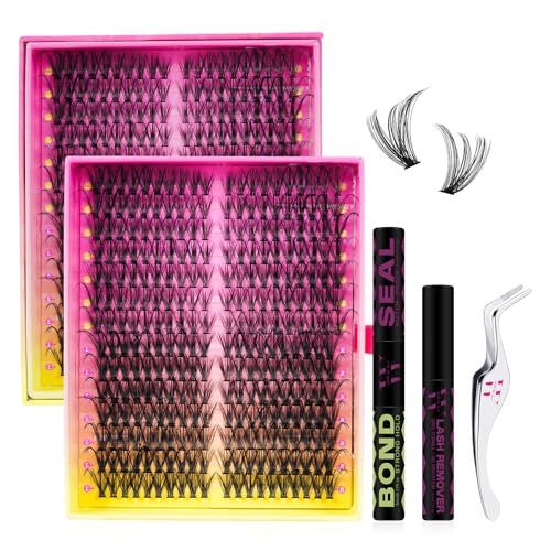 Lash Clusters Kit 280 Stück DIY Wimpern-Cluster Set, Einzelwimpern Set 30D 40D D Curl mit Wimpern-Bindemittel und Versiegelung, Entferner, Wimpernzange für Cluster Erweiterung (9-18mm, D-MIX Set) von WLFRHD
