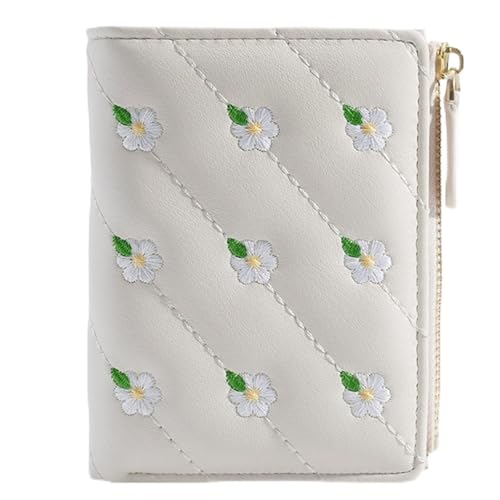 WLH Alexanders Damen Kleine Bifold Leder Geldbörsen Damen Armband Mit Kartenfächern ID Fenster Reißverschluss Münzgeldbörse Mode Stickerei Geldbörse(Blanc) von WLH Alexanders