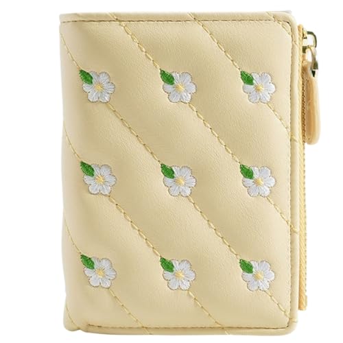 WLH Alexanders Damen Kleine Bifold Leder Geldbörsen Damen Armband Mit Kartenfächern ID Fenster Reißverschluss Münzgeldbörse Mode Stickerei Geldbörse(Geel) von WLH Alexanders
