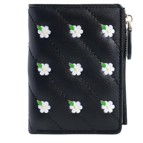 WLH Alexanders Damen Kleine Bifold Leder Geldbörsen Damen Armband Mit Kartenfächern ID Fenster Reißverschluss Münzgeldbörse Mode Stickerei Geldbörse(Svart) von WLH Alexanders