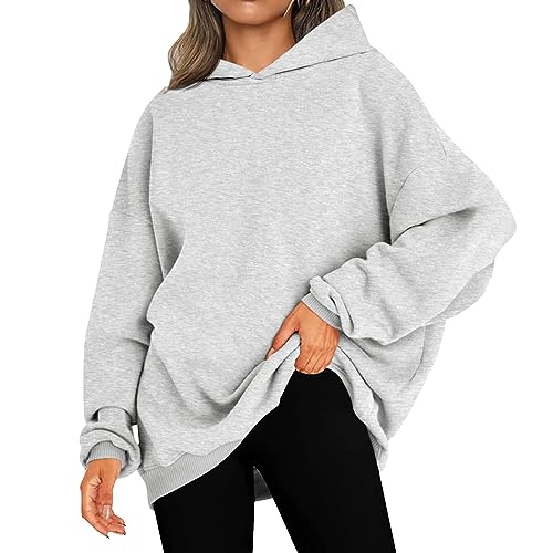 Oversize Pullover Damen Übergroße Damen-Sweatshirts, Pullover, Hoodies, Fleece-Pullover, langärmelig, mit Taschen, Winter- und Herbst-Outfits Kapuzenpullover Für Damen (Grey, L) von WLHBF