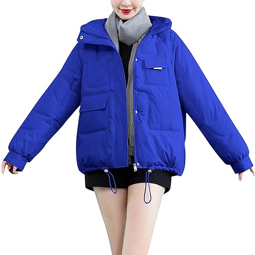 WLHBF Wintermantel Damen Warm Elegant Wattierte Jacke mit Kapuze, kurze, wattierte Winterjacke mit Taschen für Damen Softshelljacke Damen 48 (Blue, M) von WLHBF